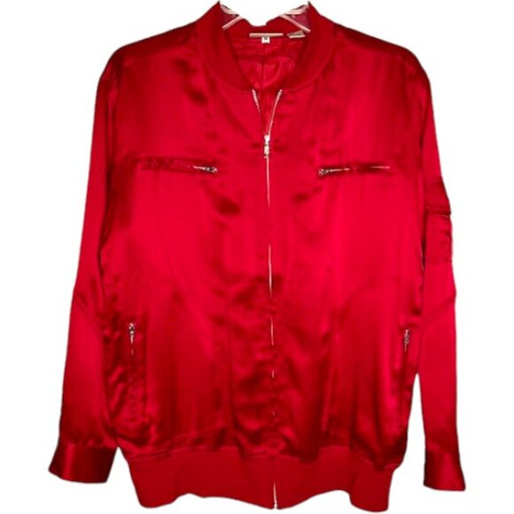 Chico's 100% Silk Full Zip Bomber Jacket - Red - Chico's 1/US 8-10 - Picture 1 of 10